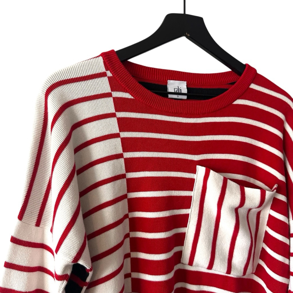 Cabi Red White Striped Contrast Pocket Sweater Women’s Small - Picture 3 of 8